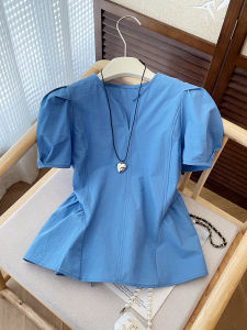 PAIBOLI | Loose French Style Womens Round Neck Pullover Base Shirt Short Sleeve T-Shirt Blue Original Design Summer New Arrival