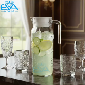 Bình Thủy Tinh Đựng Nước Trà Hoa Nổi Cao Cấp 1.2L - Ca Đựng Nước Lạnh Có Tay Cầm Nắp Đậy Cao Cấp