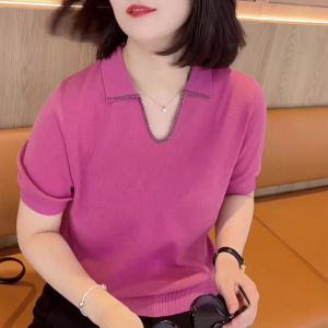 UYFY | Casual Style Turn-down Collar Short Sleeve T-shirt Womens Plus Size Slimming Summer New Commute Top Pink Polyester Fiber