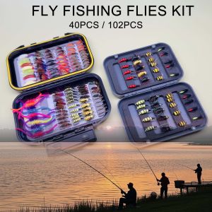40/102Pcs Fly Fishing Flies Kit Fly Assortment Trout Bass Fishing Lure with Dry/Wet Flies Artificial Fly Baits Nymphs Streamers