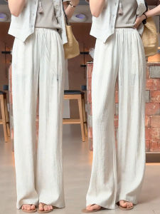 MEITESIJIAONU | Lightweight Beige Wide Leg Pants Summer Cotton-Linen Elasticated Waistband