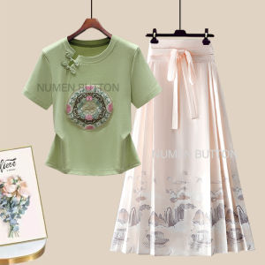 NUMEN BUTTON | Chinese Style Summer Round Collar Embroidered T Shirt Short Sleeve With High Waist Matchable Skirt