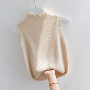 Spring Summer Womens Knitted Sleeveless Vest Lace Collar Half High Neck Soft Cashmere Inner Wear Floral Print Pure Color Commute Style