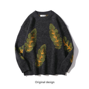 Retro Japanese Style Knitted Sweater Mens Autumn Fashion Brand Loose round Neck Casual Warm Leaf Embroidery Outerwear