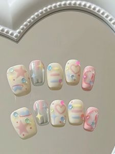 Dopamine Boosting Summer Fresh Macaron Hand Painted Heart Shaped Diamond Wearable Nail Art Patches Graffiti Star Design