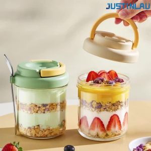 JUSTINLAU 430ML Cốc Đựng Salad Di Động Có Thìa Bằng Thép Không Gỉ Cốc Ăn Sáng Bằng Kính Dày Kín Dành Cho Học Sinh Cốc Sữa Tái Sử Dụng Thân Thiện Với Môi Trường