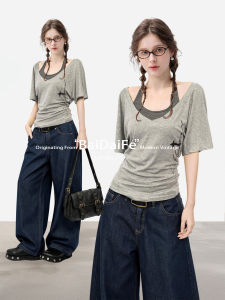 BAIDAIFEI | Gray Stripe V-Neck Halter Fitted Short Sleeve Top Two-Piece Set