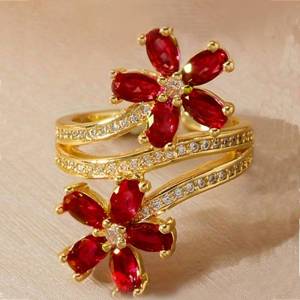 Huitan Charming Flower Ring for Women Inlaid Bright Red Cubic Zirconia Luxury Wedding Party Romantic Accessories Lady Jewelry