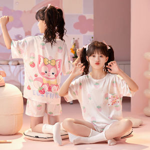 Áo Ngủ Trẻ Em Cổ Chữ V Tay Ngắn Bằng Lụa Băng Mùa Hè Cho Bé Gái Phong Cách Công Chúa Bộ Đồ Mặc Nhà Họa Tiết Hoạt Hình Chó Gấu Bao Gồm