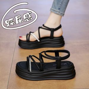 Elegant Black Rhinestone Sandals Womens Summer 2025 New Outdoor Wear Pregnant Women Skirt Matching Thick Heel Beach Shoes