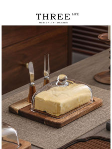 Tlife Lattice Samphire Wood Butter Box with Knife Cheese Serving Plate Glass Lid European Style Food Storage Organizer