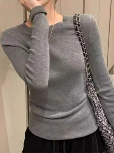 Gray round Neck Knitted Slim Fit Base Shirt Womens 2025 Autumn Winter New Style Inner Wear Sweater Unique Special Top