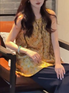 QINGNAER | Yellow Floral Ruffled Off-shoulder Sleeveless Blouse Shirt