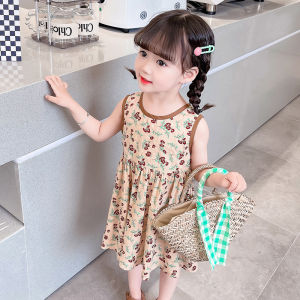 ชุดเดรสยาวแขนกุดผ้าฝ้ายลายดอกไม้สำหรับเด็กผู้หญิง ชุดเดรสยาวปานกลางสไตล์เจ้าหญิง ชุดเดรสชายหาดดอกซากุระ ฤดูร้อน 2023