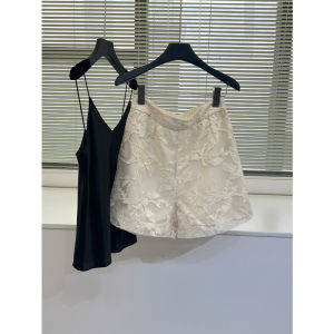 High Waist Cotton Shorts Womens Loose Fit A-Line Pants Embroidery Heavy Work Elastic Waist Summer Casual Pants