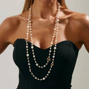 Salircon 2Pcs/Set Y2K Exquisite Imitation Pearl Long Necklace for Women Trendy Stacked Sweater Chains Charm Wedding Jewelry Gift
