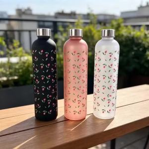High Aesthetic Girly Style Floral Frosted Water Bottle Large Capacity Leak-Proof Straight Drinking Outdoor Fitness Water Bottle