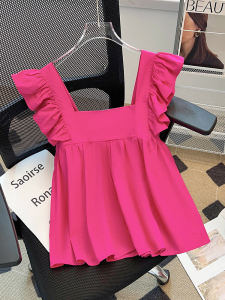 Áo Sơ Mi Cotton Cổ Vuông Màu Hồng Ngọt Ngào Kiểu Pháp Dành Cho Nữ Mùa Hè Mới Tay Ngắn Viền Xếp Ly Tay Áo Phong Cách Hàn Quốc Dáng Rộng