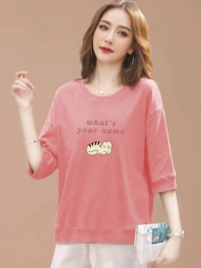 Export Genuine Goods: 100% Cotton Ladies T-Shirt with Cropped Sleeves & Literary Fan Design