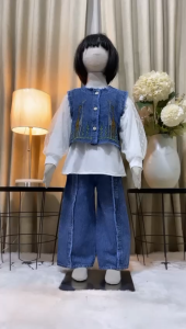 Setelan jeans 3IN1 anak perempuan terbaru 2025 usia 3 - 11 tahun set jeans anak perempuan lengan panjang oversize model kekinian rompi lepas pasang set jeans anak korean style - COD
