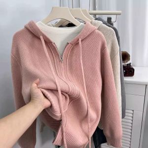 หนาขึ้น Double ซิป มีฮู้ด ถัก คาร์ดิเกน ผู้หญิง ความเกียจ ลำลอง ทรงหลวม เสื้อสวม ฤดูใบไม้ร่วง ฤดูหนาว สไตล์เกาหลี