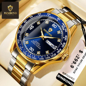 นาฬิกาดั้งเดิม BINBOND นำเข้าสำหรับผู้ชายรูปแบบเป็นทางการสุดหรูโลหะกันน้ำไม่ขึ้นสนิมนาฬิกาควอตซ์ปฏิทินเพชร