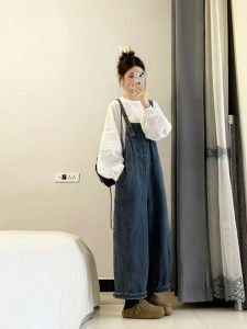 XUECAIQI | Korean Style Spring OOTD White Loose Shirt Denim Dungarees 2 Pieces Set