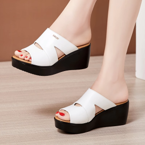 Womens Leather Platform Sandals mid Heel Thick Bottom Waterproof Summer Slippers Simple Style Ultra Leather Inner Lining