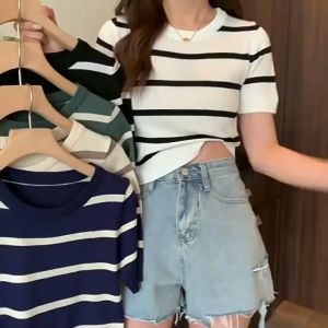 Korean Style Striped Round Neck Short Sleeved Knitted Top: A Trendy Women's Blouse