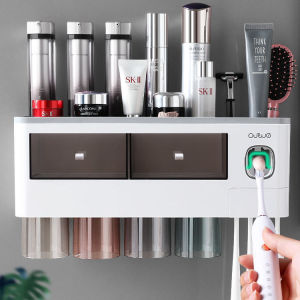 Bathroom Drill-free Squeezer Toothbrush and Toothpaste Storage Set