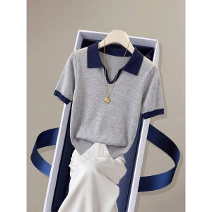 Color-blocked Loose Fit V-neck Short Sleeve Blouse