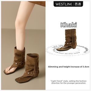 Summer Fringe Stacked Boot Sandals Coarse Heel