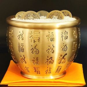 黄铜米缸聚财真黄铜聚宝盆摆件招财进宝百福铜缸祈福消灾好运来 客厅装饰小铜杯器