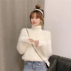 Idle Style Fairy Mink-like Wool Thick Sweater Womens Fall and Winter Plush High Collar Warm Knitting Bottoming Shirt Gentle