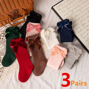 3Pairs/Lot Kids Girls Knee High Socks Baby Soft Cotton Long Sock Cute Bow Spanish Solid Children Princess Socken For 0-5Years