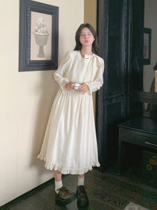 Elegant Sweet Fairy Long Dress Spring Autumn New Style Gentle French Wood Ear Bordered Dress A-Line Silhouette Bubble Sleeve