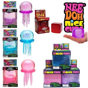 Schylling Nee Doh Jellyfish & Cube Squish Toy Soft Jelly Squeeze Stress Relief Fidget Toy Sensory NeeDoh for Kids & Adults