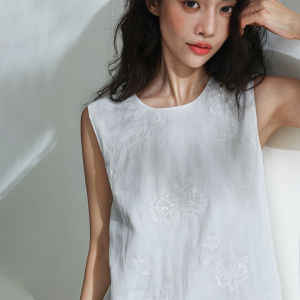 Miccbeirn | Pure Flax Sleeveless Embroidered Dress Glittering Tassel A-Line Simple Long Dress Vintage Atmosphere Commute Style Summer Dress