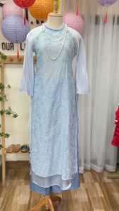 Set Áo Dài Cách Tân Yến Chi đá nổi màu xanh