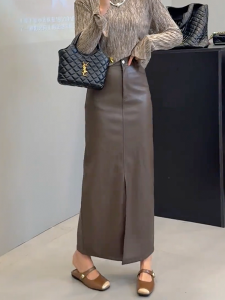 Elegant Brown High Waist A-Line Skirt for Women Slimming Long Midi Skirt Trendy Style Autumn New Arrival Hip Concealing