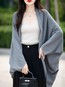 Loose and Idle Cape and Shawl Outdoor Womens Spring Fall and Winter Classy Knitting Cardigan Batwing Sleeve Mid-Length Sweater Outwear