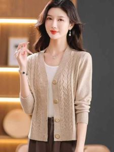 Autumn Winter New Style Womens Knitted Wool Cardigan V-Neck Cashmere Outerwear Loose Fit Long Sleeve Warm Casual Fashion