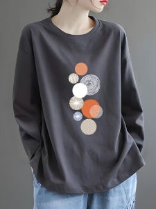 Womens Loose Long Sleeve Cotton T-shirt Basic Layering Shirt Autumn Seasonal Comfortable Breathable Fashionable Print Design