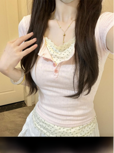 Pink Floral Short Sleeve T-Shirt Womens Slim Fit Short Style Top Korean Version Commute Creative Pattern Summer Fashion