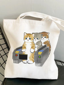 Kawaii Cat Cartoon Reusable Canvas Shopping Bag Tote Bag Handbag Women Shoulder Bag