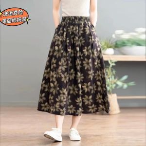 Floral Cotton Linen Skirt Womens Summer Fashion All-Matching Slimming Elegant Long Dress High Waist Elastic A- line Large Hem Skirt