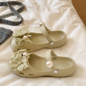 Summer Ballet Style Pearls Flowers Thick Sole Slip-Resistant Outdoors Wear Closed Toe Sandals