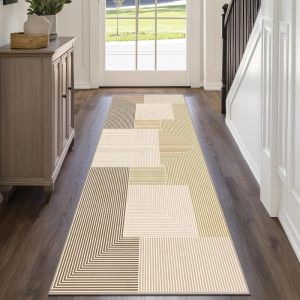 VIKAMA Japandi Neutral Arch Geometric Long Runner Rug Beige Line Non Slip Washable Carpet For Hallway Bedroom Entryway Decor