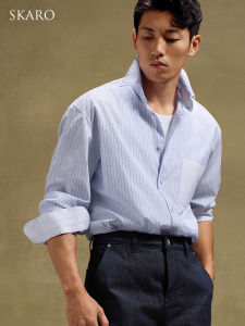 Loose Fit Light Blue Striped Cotton Casual Business Shirt
