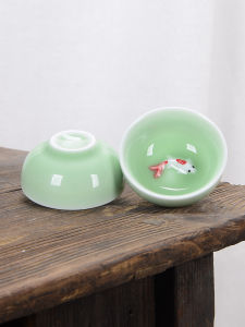 ชุดเครื่องดื่มชาเคลือบสีเขียว ชุดเครื่องดื่มชา ชาน้ำชา ชามน้อย แก้วน้ำชาสำหรับเจ้าของบ้าน เครื่องดื่มชา แก้วปลา